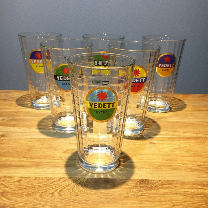 Set van 6 Vedett glazen met facetten & kleurige logo 33cl