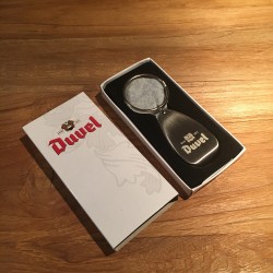 Duvel keyring in brushed stainless steel in its original box